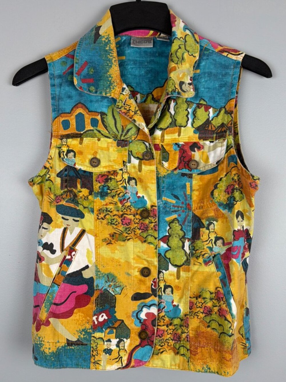 Chico's Linen Vest Top Women 0 Yellow Whimsical Art Teacher Print Beach Vacation